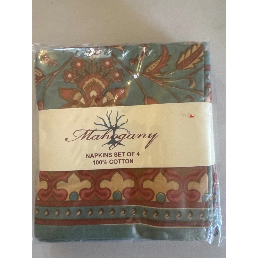 Mahogany Cotton Napkins Set of 4 Teal Rust Floral Block Print 18x18 S12NP India